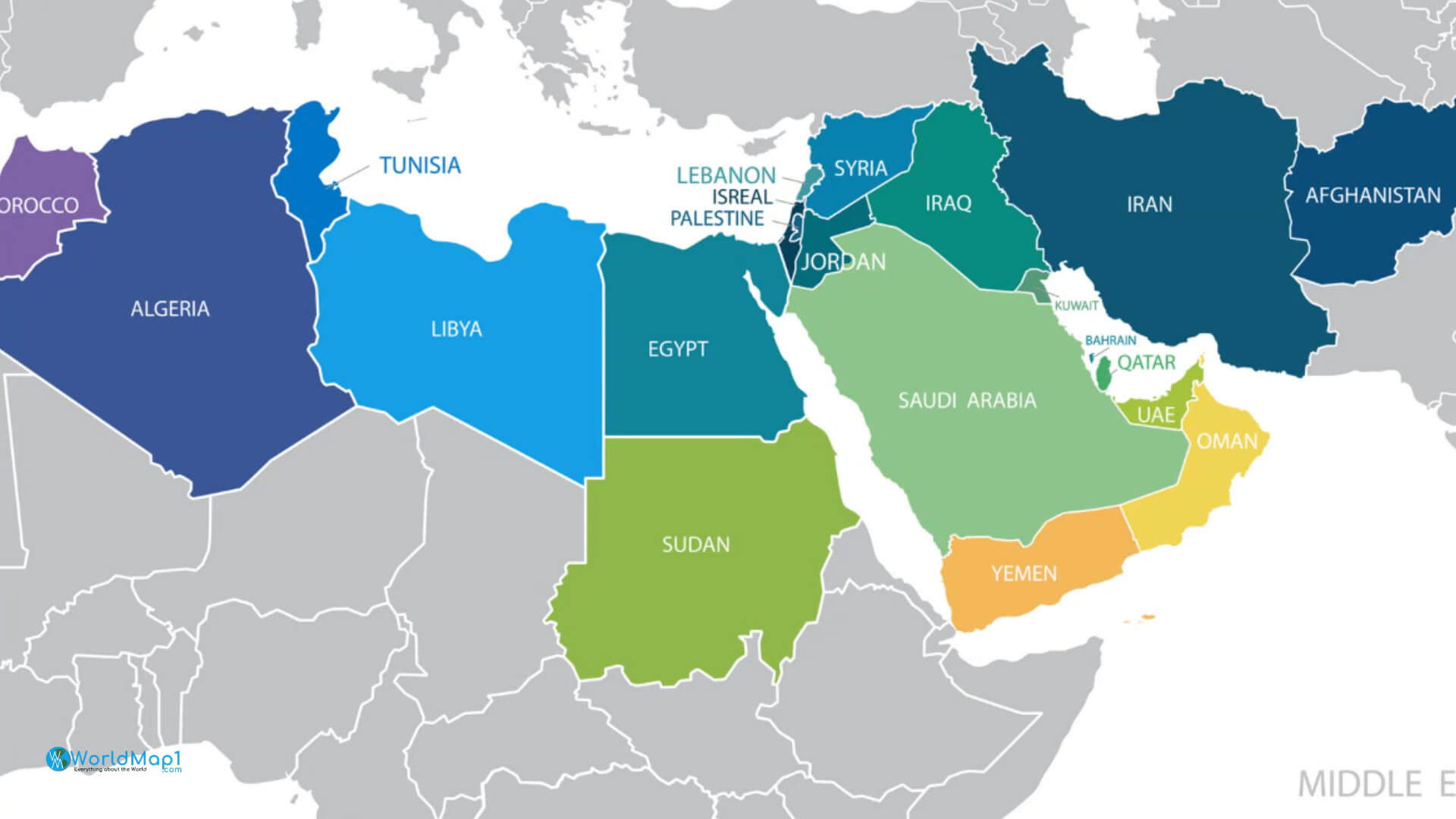 Northern Africa and Middle East Countries Map with Qatar